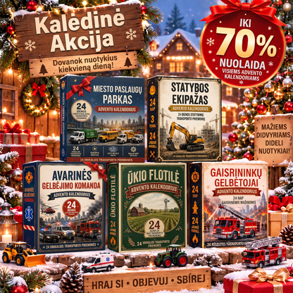 🔥 🎄 SPECIALUS KALĖDŲ PASIŪLYMAS: 50% NUOLAIDA – 🎁 24 dienų transporto priemonių advento kalendorius: susikurkite savo transporto parką 🔥