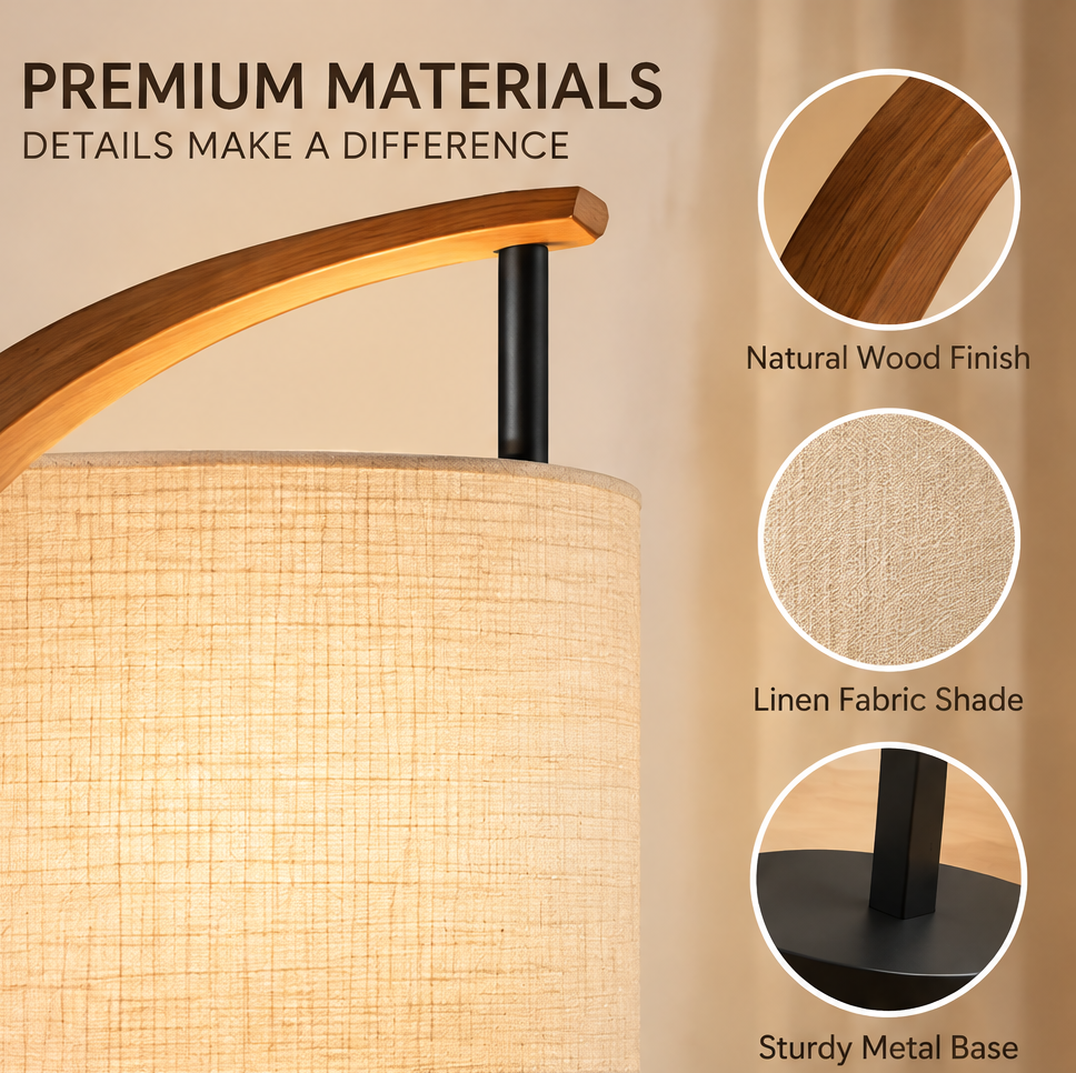 HOMLUMI Modern Arc Floor Lamp – Natural Wood Design