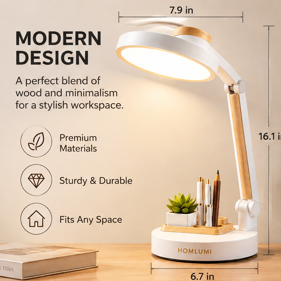 HOMLUMI Multi-Functional Foldable LED Desk Lamp with Pen Holder