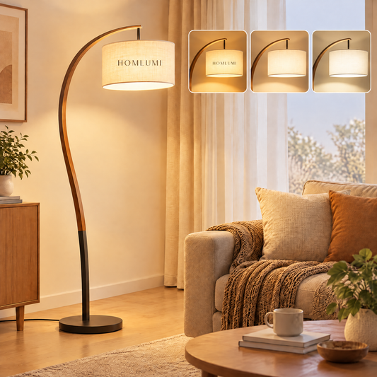HOMLUMI Modern Arc Floor Lamp – Natural Wood Design