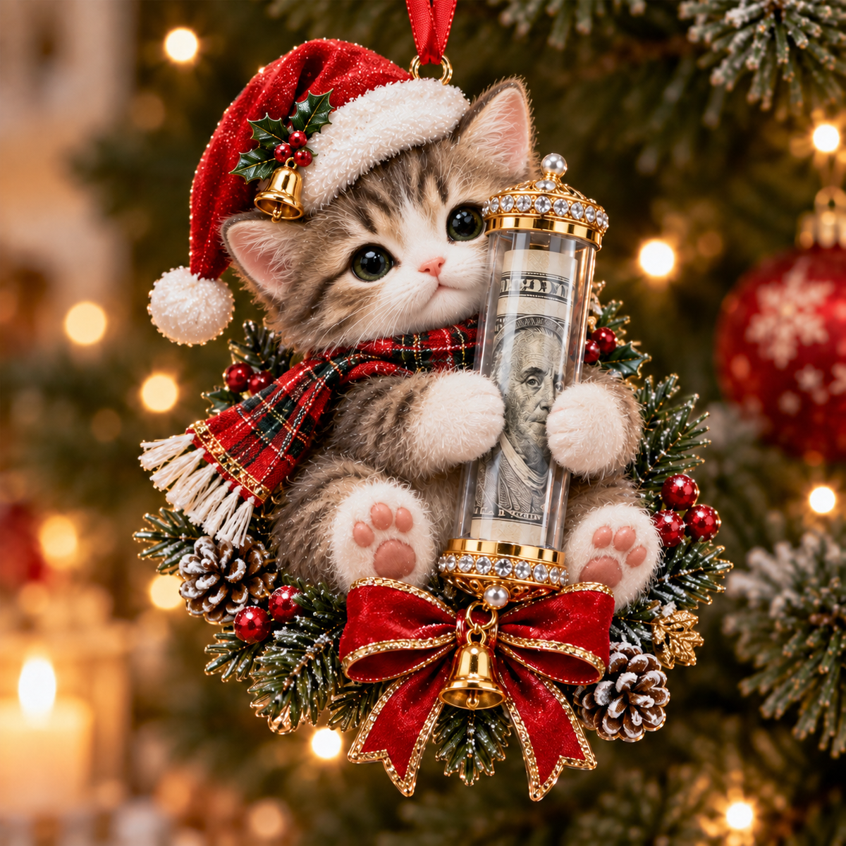🎄Kalėdinė 50 % nuolaida🎁 Kalėdinis žaisliukas su mielu gyvūnėliu pinigų dovanojimui – šventinės eglutės papuošimas 💵